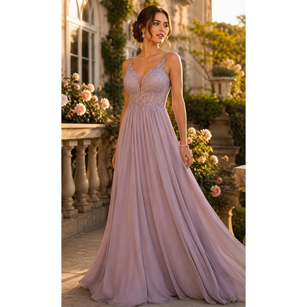 NOX Anabel NWT Mauve Beaded Chiffon Prom Gown XS Open Back‎ Rhinestone Formal